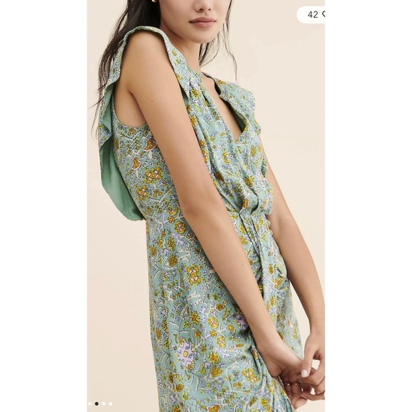 Anthropologie Women's Maeve Blossom Ruffled Mini Dress Sage Floral Draped Sz 8 - Picture 3 of 12